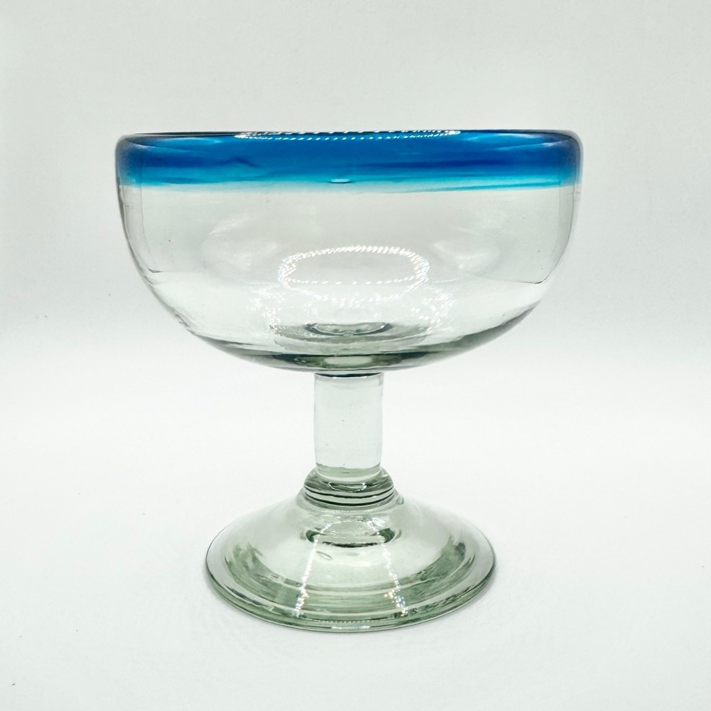 Mexican Handblown Aqua/Blue Rim Margarita Coupe Glass 4” Tall 8 oz Cantina Style